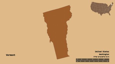 Vermont 'un şekli, Birleşik Devletler' in Anakara Eyaleti, başkenti sağlam arka planda izole edilmiş. Uzaklık ölçeği, bölge önizlemesi ve etiketleri. Desenli dokuların bileşimi. 3B görüntüleme
