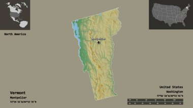 Vermont 'un şekli, Anakara Birleşik Devletleri eyaleti ve başkenti. Uzaklık ölçeği, ön gösterimler ve etiketler. Topografik yardım haritası. 3B görüntüleme