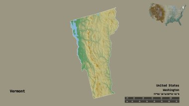 Vermont 'un şekli, Birleşik Devletler' in Anakara Eyaleti, başkenti sağlam arka planda izole edilmiş. Uzaklık ölçeği, bölge önizlemesi ve etiketleri. Topografik yardım haritası. 3B görüntüleme