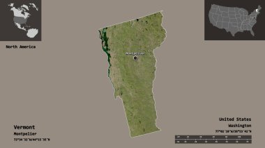 Vermont 'un şekli, Anakara Birleşik Devletleri eyaleti ve başkenti. Uzaklık ölçeği, ön gösterimler ve etiketler. Uydu görüntüleri. 3B görüntüleme