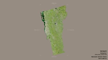 Vermont bölgesi, Birleşik Devletler 'in Anakara Eyaleti, jeoreferatlı bir sınır kutusunda sağlam bir arka planda izole edilmiş. Etiketler. Uydu görüntüleri. 3B görüntüleme