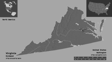 Virginia 'nın şekli, Birleşik Devletler Anakara Eyaleti ve başkenti. Uzaklık ölçeği, ön gösterimler ve etiketler. Çift seviyeli yükseklik haritası. 3B görüntüleme