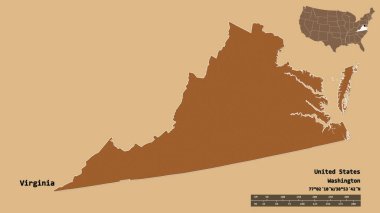 Virginia 'nın şekli, Birleşik Devletler Anakara Eyaleti, başkenti sağlam bir arka planda izole edilmiş. Uzaklık ölçeği, bölge önizlemesi ve etiketleri. Desenli dokuların bileşimi. 3B görüntüleme