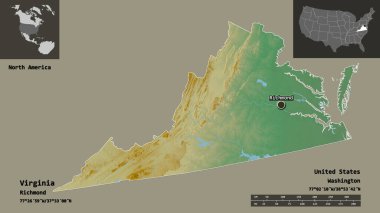 Virginia 'nın şekli, Birleşik Devletler Anakara Eyaleti ve başkenti. Uzaklık ölçeği, ön gösterimler ve etiketler. Topografik yardım haritası. 3B görüntüleme