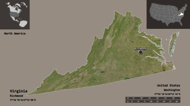 Virginia 'nın şekli, Birleşik Devletler Anakara Eyaleti ve başkenti. Uzaklık ölçeği, ön gösterimler ve etiketler. Uydu görüntüleri. 3B görüntüleme