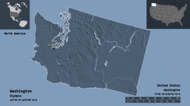 Washington 'un şekli, Anakara Birleşik Devletleri eyaleti ve başkenti. Uzaklık ölçeği, ön gösterimler ve etiketler. Renkli yükseklik haritası. 3B görüntüleme