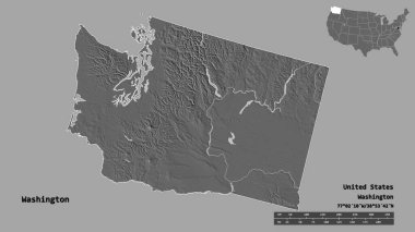 Washington 'un şekli, Birleşik Devletler' in Anakara eyaleti, başkenti sağlam arka planda izole edilmiş. Uzaklık ölçeği, bölge önizlemesi ve etiketleri. Çift seviyeli yükseklik haritası. 3B görüntüleme