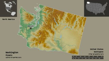 Washington 'un şekli, Anakara Birleşik Devletleri eyaleti ve başkenti. Uzaklık ölçeği, ön gösterimler ve etiketler. Topografik yardım haritası. 3B görüntüleme