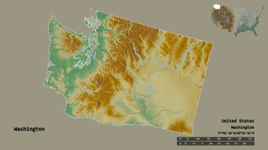 Washington 'un şekli, Birleşik Devletler' in Anakara eyaleti, başkenti sağlam arka planda izole edilmiş. Uzaklık ölçeği, bölge önizlemesi ve etiketleri. Topografik yardım haritası. 3B görüntüleme