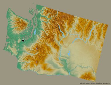 Washington 'un şekli, Birleşik Devletler Anakara Eyaleti, başkenti katı renk arka planında izole edilmiş. Topografik yardım haritası. 3B görüntüleme