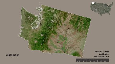 Washington 'un şekli, Birleşik Devletler' in Anakara eyaleti, başkenti sağlam arka planda izole edilmiş. Uzaklık ölçeği, bölge önizlemesi ve etiketleri. Uydu görüntüleri. 3B görüntüleme