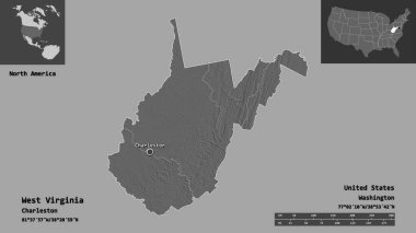 Batı Virginia 'nın şekli, Birleşik Devletler' in Anakara Eyaleti ve başkenti. Uzaklık ölçeği, ön gösterimler ve etiketler. Çift seviyeli yükseklik haritası. 3B görüntüleme
