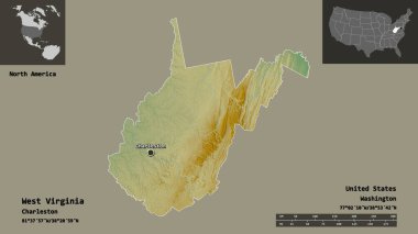 Batı Virginia 'nın şekli, Birleşik Devletler' in Anakara Eyaleti ve başkenti. Uzaklık ölçeği, ön gösterimler ve etiketler. Topografik yardım haritası. 3B görüntüleme