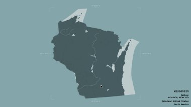 Wisconsin bölgesi, Birleşik Devletler 'in Anakara Eyaleti, katı bir arka planda izole edilmiş bir sınır kutusunda. Etiketler. Renkli yükseklik haritası. 3B görüntüleme