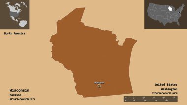 Wisconsin 'in şekli, Anakara Birleşik Devletleri eyaleti ve başkenti. Uzaklık ölçeği, ön gösterimler ve etiketler. Desenli dokuların bileşimi. 3B görüntüleme