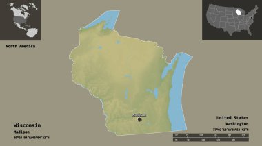 Wisconsin 'in şekli, Anakara Birleşik Devletleri eyaleti ve başkenti. Uzaklık ölçeği, ön gösterimler ve etiketler. Topografik yardım haritası. 3B görüntüleme
