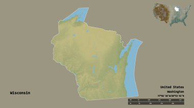 Wisconsin 'in şekli, Birleşik Devletler' in Anakara eyaleti, başkenti sağlam arka planda izole edilmiş. Uzaklık ölçeği, bölge önizlemesi ve etiketleri. Topografik yardım haritası. 3B görüntüleme