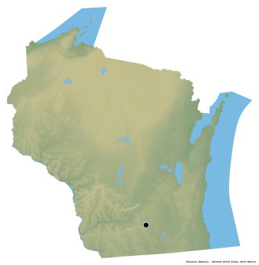 Wisconsin 'in şekli, Birleşik Devletler' in başkenti, beyaz arka planda izole edilmiş. Topografik yardım haritası. 3B görüntüleme