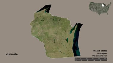 Wisconsin 'in şekli, Birleşik Devletler' in Anakara eyaleti, başkenti sağlam arka planda izole edilmiş. Uzaklık ölçeği, bölge önizlemesi ve etiketleri. Uydu görüntüleri. 3B görüntüleme