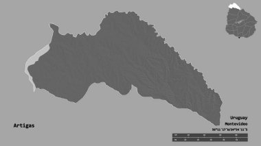 Artigas 'ın şekli, Uruguay departmanı, sermayesi sağlam arka planda izole edilmiş. Uzaklık ölçeği, bölge önizlemesi ve etiketleri. Çift seviyeli yükseklik haritası. 3B görüntüleme