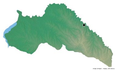 Artigas 'ın şekli, Uruguay departmanı, başkenti beyaz arka planda izole edilmiş. Topografik yardım haritası. 3B görüntüleme