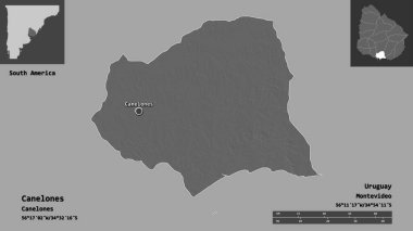 Canelones, Uruguay Bölümü ve başkenti. Uzaklık ölçeği, ön gösterimler ve etiketler. Çift seviyeli yükseklik haritası. 3B görüntüleme
