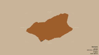 Durazno bölgesi, Uruguay departmanı, jeoreferated sınır kutusunda sağlam bir arka planda izole edilmiş. Etiketler. Desenli dokuların bileşimi. 3B görüntüleme