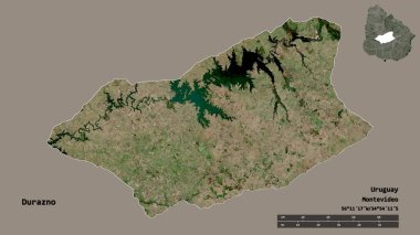 Durazno 'nun şekli, Uruguay departmanı, sermayesi sağlam arka planda izole edilmiş. Uzaklık ölçeği, bölge önizlemesi ve etiketleri. Uydu görüntüleri. 3B görüntüleme