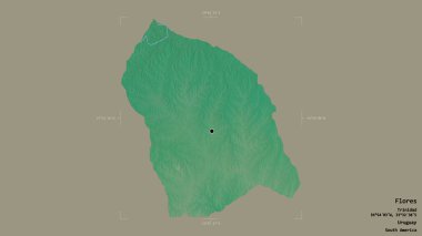 Flores Bölgesi, Uruguay Departmanı, jeoreferated sınır kutusunda sağlam bir arka planda izole edilmiş. Etiketler. Topografik yardım haritası. 3B görüntüleme