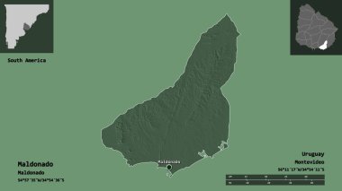 Maldonado 'nun şekli, Uruguay Bölümü ve başkenti. Uzaklık ölçeği, ön gösterimler ve etiketler. Renkli yükseklik haritası. 3B görüntüleme