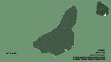 Maldonado 'nun şekli, Uruguay Bölümü, sermayesi sağlam arka planda izole edilmiş. Uzaklık ölçeği, bölge önizlemesi ve etiketleri. Renkli yükseklik haritası. 3B görüntüleme