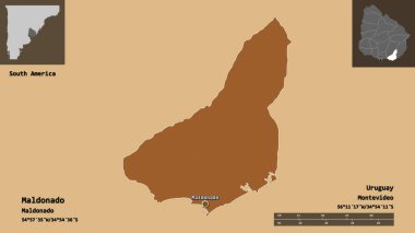 Maldonado 'nun şekli, Uruguay Bölümü ve başkenti. Uzaklık ölçeği, ön gösterimler ve etiketler. Desenli dokuların bileşimi. 3B görüntüleme