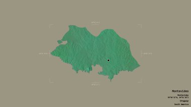 Montevideo bölgesi, Uruguay departmanı, sağlam bir arka planda izole edilmiş bir sınır kutusunda. Etiketler. Topografik yardım haritası. 3B görüntüleme