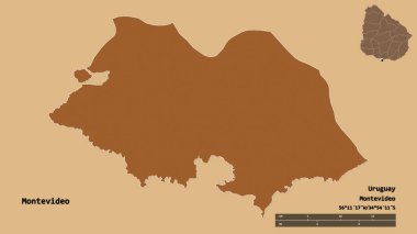 Montevideo 'nun şekli, Uruguay departmanı, sermayesi sağlam arka planda izole edilmiş. Uzaklık ölçeği, bölge önizlemesi ve etiketleri. Desenli dokuların bileşimi. 3B görüntüleme