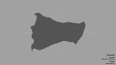 Paysandu bölgesi, Uruguay departmanı, jeoreferated sınır kutusunda sağlam bir arka planda izole edilmiş. Etiketler. Çift seviyeli yükseklik haritası. 3B görüntüleme