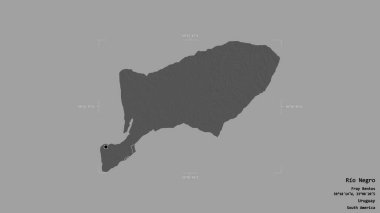 Rio Negro bölgesi, Uruguay departmanı, jeoreferated sınır kutusunda sağlam bir arka planda izole edilmiş. Etiketler. Çift seviyeli yükseklik haritası. 3B görüntüleme