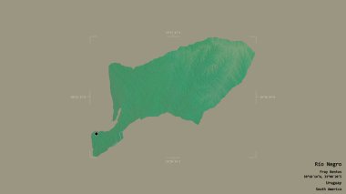 Rio Negro bölgesi, Uruguay departmanı, jeoreferated sınır kutusunda sağlam bir arka planda izole edilmiş. Etiketler. Topografik yardım haritası. 3B görüntüleme
