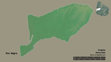 Rio Negro 'nun şekli, Uruguay departmanı, sermayesi sağlam arka planda izole edilmiş. Uzaklık ölçeği, bölge önizlemesi ve etiketleri. Topografik yardım haritası. 3B görüntüleme