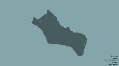 Rivera bölgesi, Uruguay departmanı, jeoreferated sınır kutusunda sağlam bir arka planda izole edilmiş. Etiketler. Renkli yükseklik haritası. 3B görüntüleme