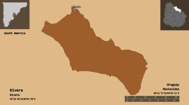 Rivera 'nın şekli, Uruguay Bölümü ve başkenti. Uzaklık ölçeği, ön gösterimler ve etiketler. Desenli dokuların bileşimi. 3B görüntüleme