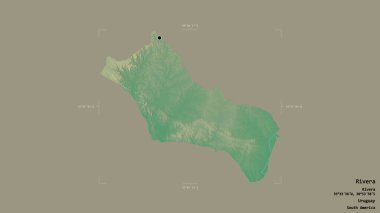 Rivera bölgesi, Uruguay departmanı, jeoreferated sınır kutusunda sağlam bir arka planda izole edilmiş. Etiketler. Topografik yardım haritası. 3B görüntüleme