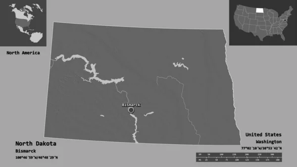 ノースダコタ州 米国本土の州 およびその首都の形状 距離スケール プレビューおよびラベル 標高マップ 3Dレンダリング — ストック写真