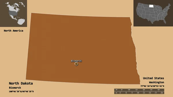 北达科他州的形状 美国大陆州 及其首府 距离刻度 预览和标签 图形纹理的组成 3D渲染 — 图库照片