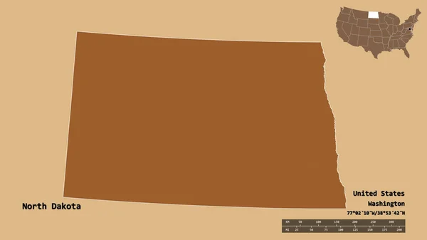 北达科他州的形状 美国大陆的州 其首都孤立的坚实的背景 距离尺度 区域预览和标签 图形纹理的组成 3D渲染 — 图库照片