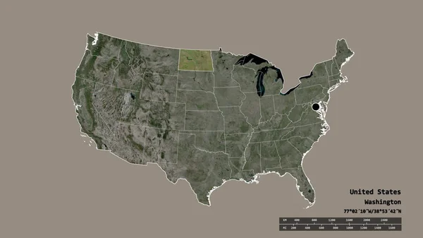 主要な地域部門と分離されたノースダコタ州の領域で 米国本土の荒廃した形 ラベル 衛星画像 3Dレンダリング — ストック写真