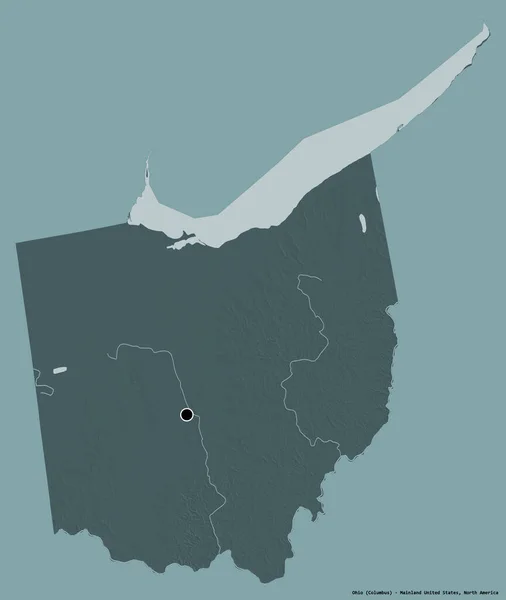 美国大陆州俄亥俄的形状 其首都以纯色背景隔离 彩色高程图 3D渲染 — 图库照片