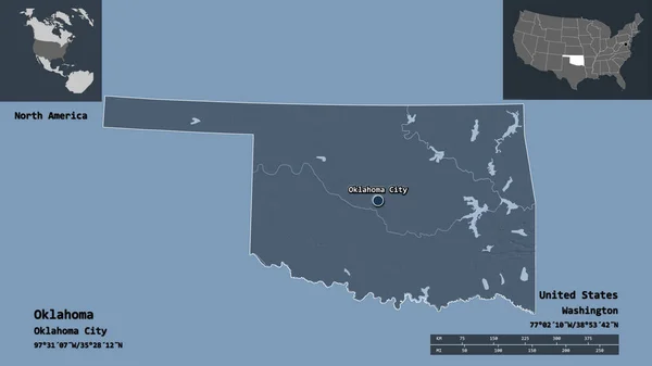 俄克拉荷马州的形状 美国大陆州 及其首府 距离刻度 预览和标签 彩色高程图 3D渲染 — 图库照片