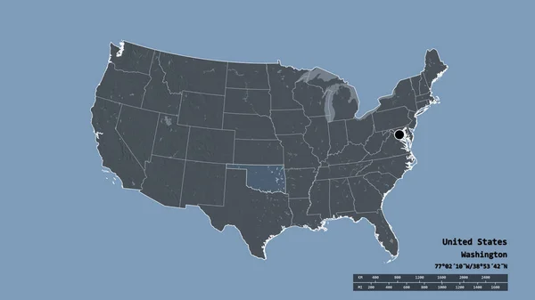 その首都 主要な地域部門と分離されたオクラホマ地域で 米国本土の荒廃した形 ラベル 色の標高マップ 3Dレンダリング — ストック写真