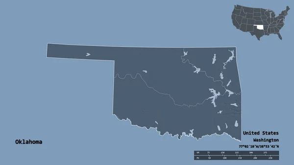 オクラホマ州の形 米国本土の状態 その資本は 固体の背景に隔離されています 距離スケール リージョンプレビュー およびラベル 色の標高マップ 3Dレンダリング — ストック写真