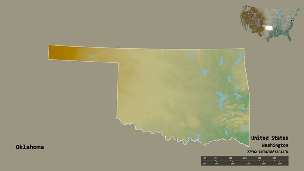 Shape of Oklahoma, state of Mainland United States, with its capital isolated on solid background. Distance scale, region preview and labels. Topographic relief map. 3D rendering